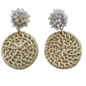 Raffia Drop Floral Cream Beige  Beaded Dangle Earrings Boho